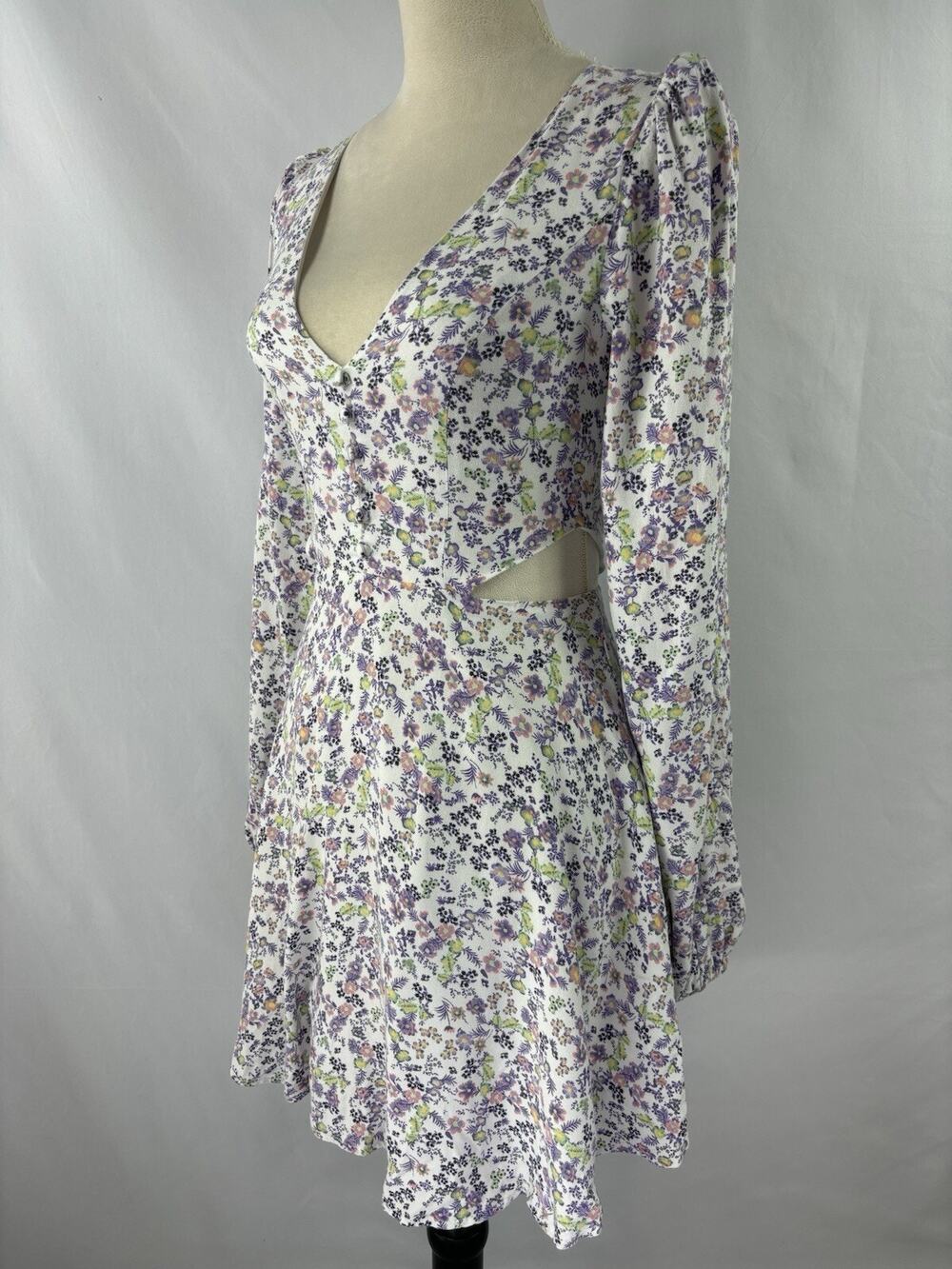 AFRM Los Angeles Cut Out Dress White Purple Floral XS Mini Long Sleeve